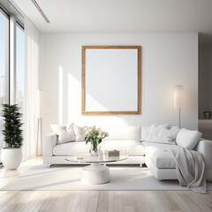 White modern living room design, wooden frame mockup, minimal furniture with white coffee table and flowers