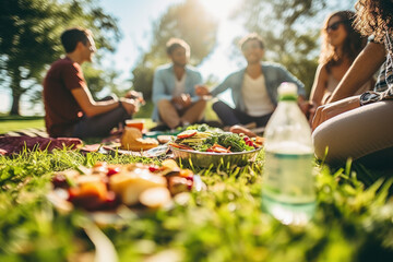 A group of friends having a picnic with healthy food options. 