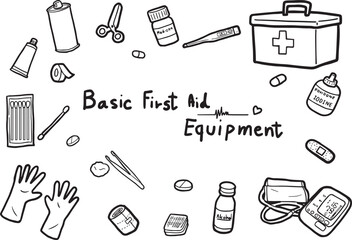 Vector hand drawing black stripes on a white background about medical equipment as household or mobile nursing bag,dressings,first aid,blood pressure monitor,gloves,scissors,cotton swabs,pliers etc.