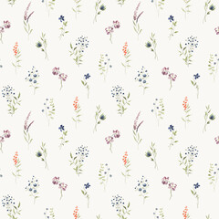 Floral seamless pattern of delicate branches with flowers and green leaves. Watercolor design print with abstract plants, botanical illustration for textile, wallpaper or background.