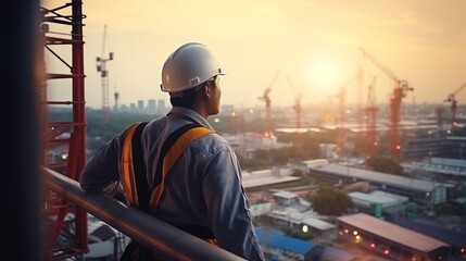  Engineer Technician Watching Team of Workers on High Steel Platform, 