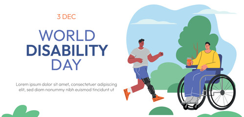 Obraz na płótnie Canvas Web banner concept for World Disability day. People with Disability, International Day of Persons with Disabilities.Diversity and Inclusion. Flat vector illustration. Vector illustration