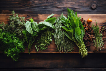Fototapeta na wymiar Fresh herbs and spices used to enhance flavor in healthy cooking. 