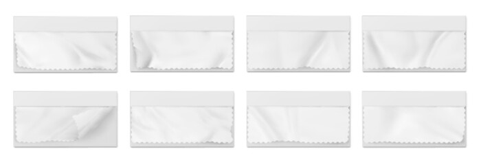Fabric samples mockup. Template of 3d textile samples, cards with blank white cloth pieces with zigzag edges isolated on background, vector realistic illustration