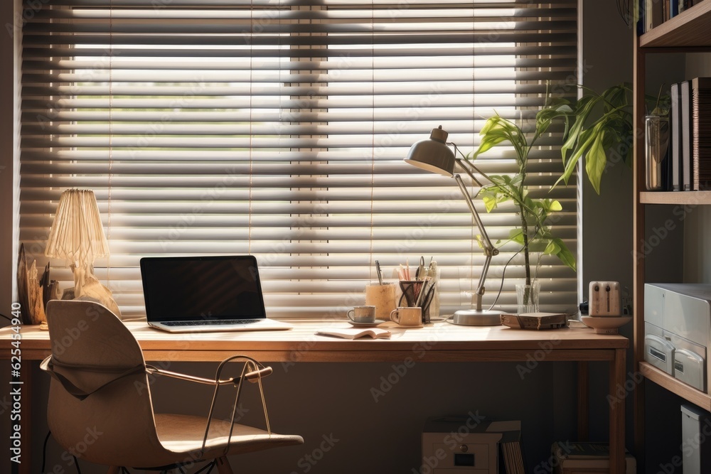 Poster a pleasant workspace with a window and horizontal blinds, creating a relaxing environment.