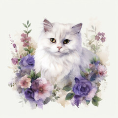 Purple and pink summer flowers surround a white fluffy young cat