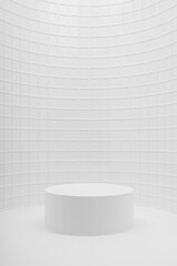 Abstract white stage mockup as curved alcove, one cylinder podium in soft light, tiny mosaic tile in mediterranean style, template for presentation cosmetic products, spa, goods, advertising, showing.