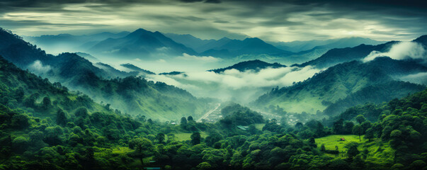 Fototapeta na wymiar Foggy landscape in the jungle. Fog and cloud mountain tropic valley landscape. aerial view, wide misty panorama