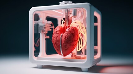 3D printer prints a human heart. Medical implantation of organs. AI generated.