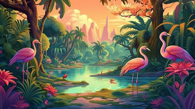 Abstract background garden of paradise. A captivating banner design with an enchanting illustration, showcasing the magical enchantment of a garden of paradise. Generative AI.