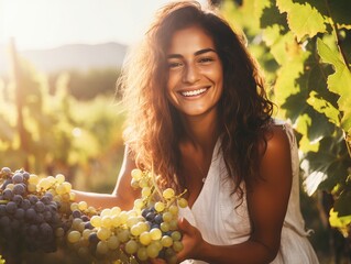  woman farmer in vineyard holding bunch of ripe grapes