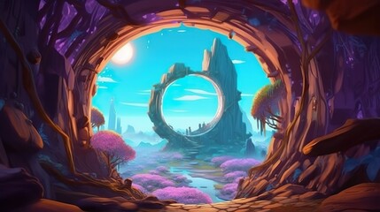 Abstract background magic portal. Illustration in a banner design, showcasing the enchantment of a magic portal surrounded by vibrant neon hues. Generative AI.