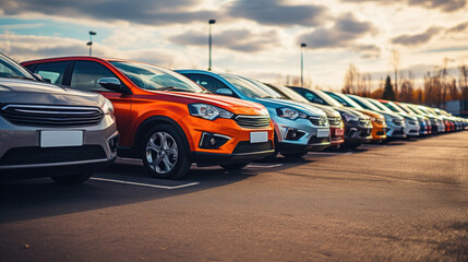 Fototapeta premium Cars For Sale. Automotive Industry. Cars Dealership Parking Lot. Rows of Brand New Vehicles Awaiting New Owners.