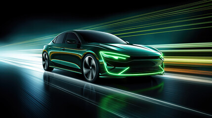 Fototapeta na wymiar Green neon light motion glowing in the dark electric car on high-speed running concept. Fast EV silhouette.