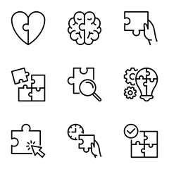 puzzle line icons set. solve, lined, mind, task, complete, jigsaw, puzzle, match, brain, solution, stroke, problem, process, strategy, challenge