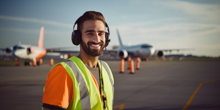 Portrait Of A Man Aircraft Marshall Worker In Runway Airport