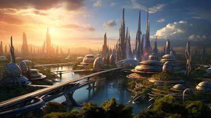 sunset in the future city