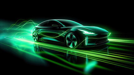 Green neon light motion glowing in the dark electric car on high-speed running concept. Fast EV silhouette.