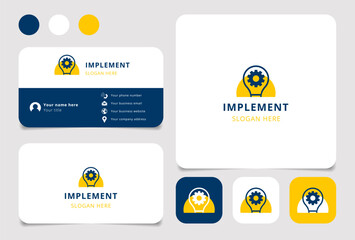 Implement logo design with editable slogan. Branding book and business card template.