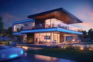 The idea of a smart home and an intelligent house is illustrated with a modern villa house in the background, with the warm glow of the sunset.