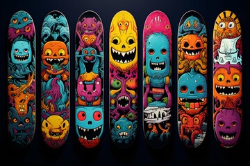 Collection of Printed Skateboards on Black Background. Generative AI.