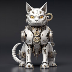 A white cat with yellow eyes sitting on top of a table. Generative AI. Mechanical creature.