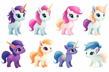 Collection of Cute Ponies on White Background. Generative AI.