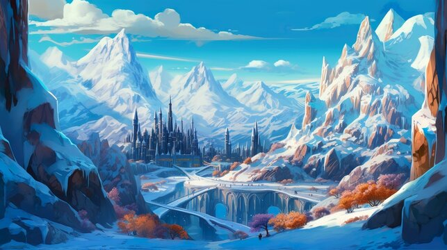 Abstract background lands of eternal snow. An artistically rendered illustration in a banner design with a mesmerizing snowy world of endless. Generative AI.