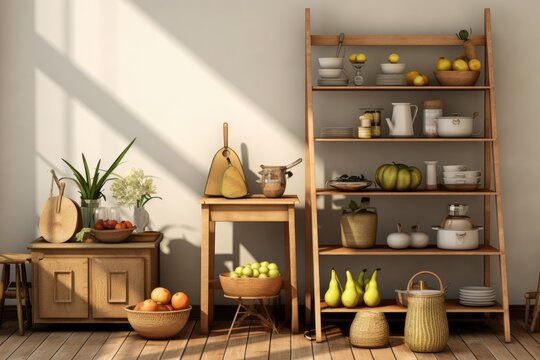 Template for the modern home decor, showcasing the kitchen area featuring a rattan commode, ladder, pears, various food items, and kitchen accessories.
