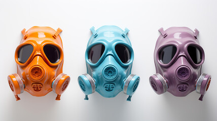Various gas masks of different colors are arranged on the wall