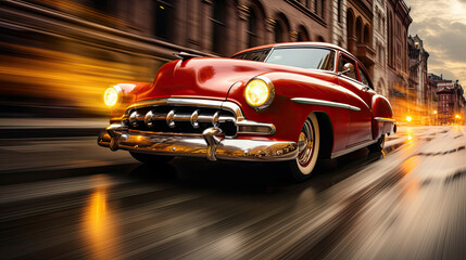 Fototapeta na wymiar Vintage car in motion - front perspective view