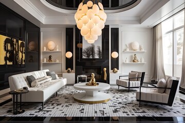 The interior design consists of a monochromatic color scheme, featuring contemporary furniture, ornamental patterns, and recently installed hanging light fixtures.