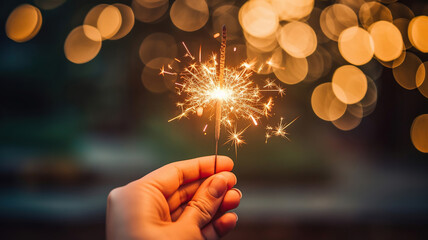 A woman holds a sparkler in the background