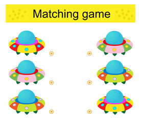 Matching game. Task for the development of attention and logic. Cartoon flying saucer.