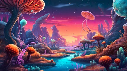 Abstract background space planets with magical creatures. An imaginative illustration featuring a celestial background and magical creatures on a space planet. Generative AI.
