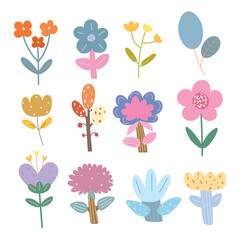 Set of cartoon abstract flowers in white background. Kids pattern, vector illustration.