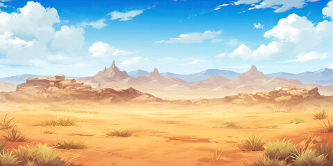 Fototapeta premium Anime sand dunes desert background backdrop illustration, sands blue skies wild west backdrop, generated ai