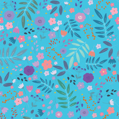  Seamless pattern with small flowers and leaves on blue background. Vector illustration.