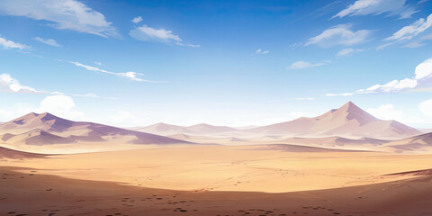 Anime sand dunes desert background backdrop illustration, sands blue skies wild west backdrop, generated ai
