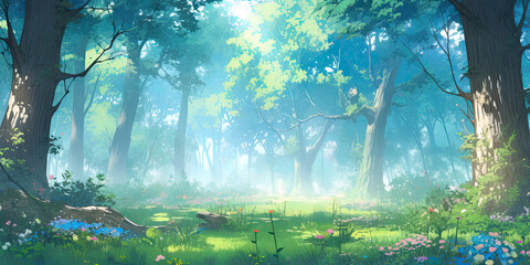 anime cartoon style woodland forest background banner, generated ai