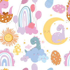 Seamless pattern with dino, rainbows, moon, clouds, eggs, sun, balloons. Vector illustration.