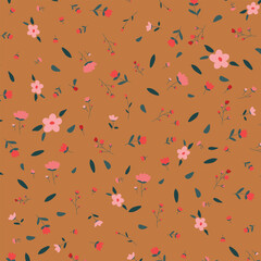 Seamless pattern with small flowers, rose brown background. Vector illustration.