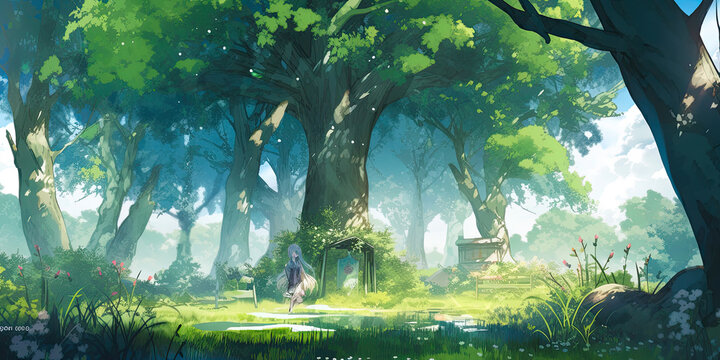 anime cartoon style woodland forest background banner, generated ai