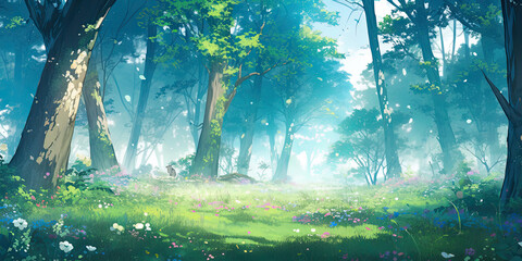 Obraz na płótnie Canvas anime cartoon style woodland forest background banner, generated ai