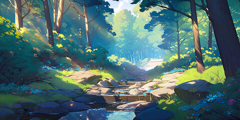 anime cartoon style woodland forest background banner, generated ai