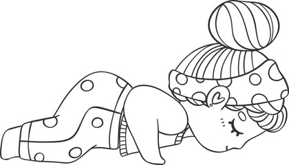 Peaceful Chubby Girl in Yoga Pose with Closed Eyes Outline hand drawing Doodle