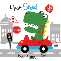 Fototapeten dinosaur driving a car funny animal cartoon,vector illustration © suzamart