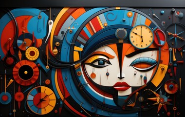 A painting of a woman's face surrounded by clocks. Generative AI.