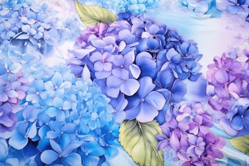 A painting of blue and purple flowers with green leaves. Generative AI. Blue and purple hydrangea flowers.