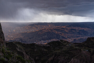 Thunderstorm over the highest capital and vibrant city La Paz and El Alto in Bolivia, South America